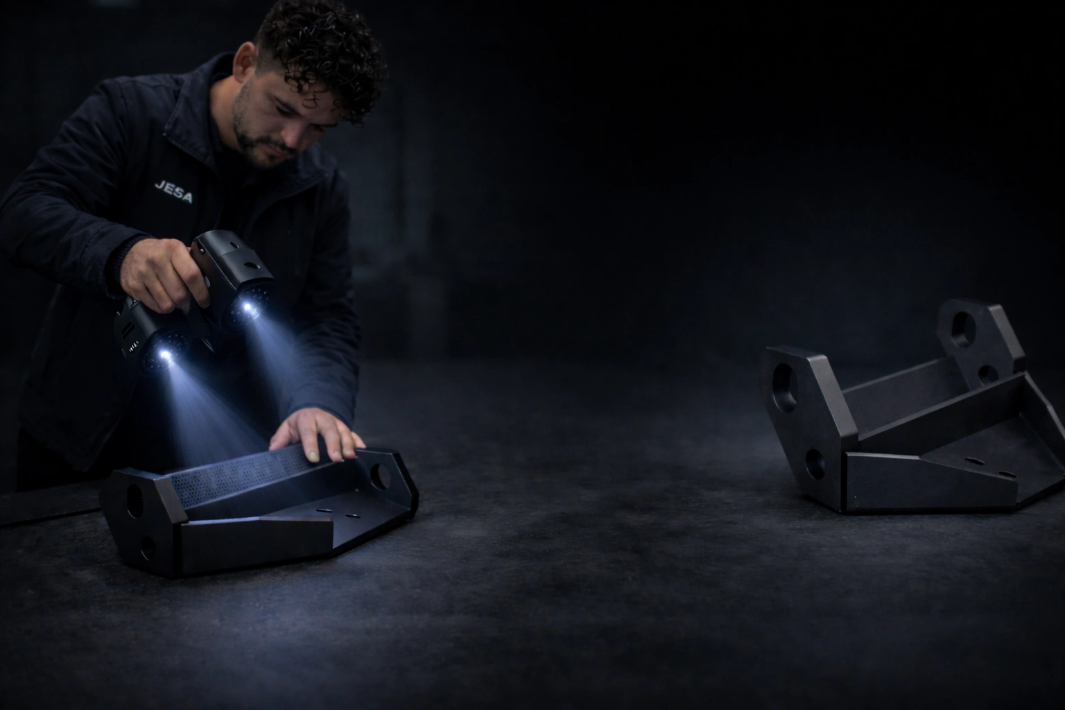 JESA Mitarbeiter scannt ein technisches Bauteil mit einem 3D-Scanner